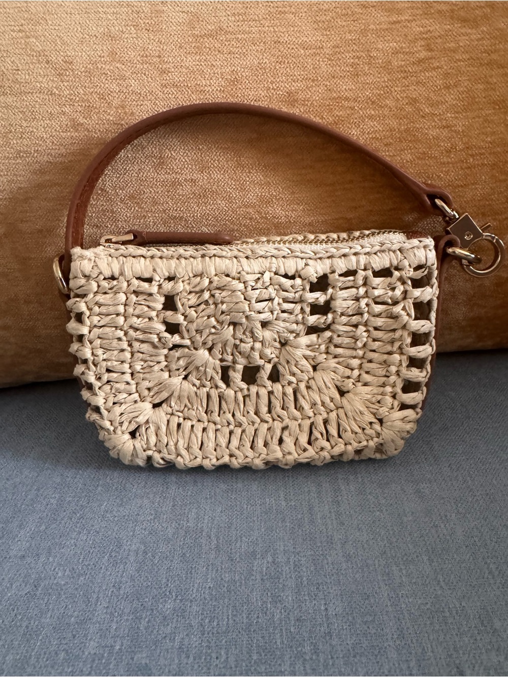 Madewell Natural Raffia Crochet Wristlet with Brown Leather Strap
